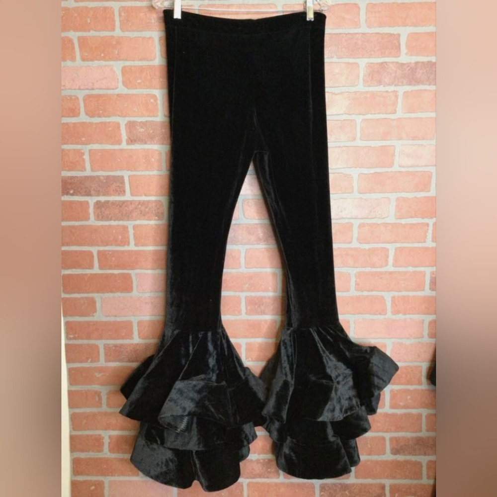 Stylish Black Velvet Ruffle Pants